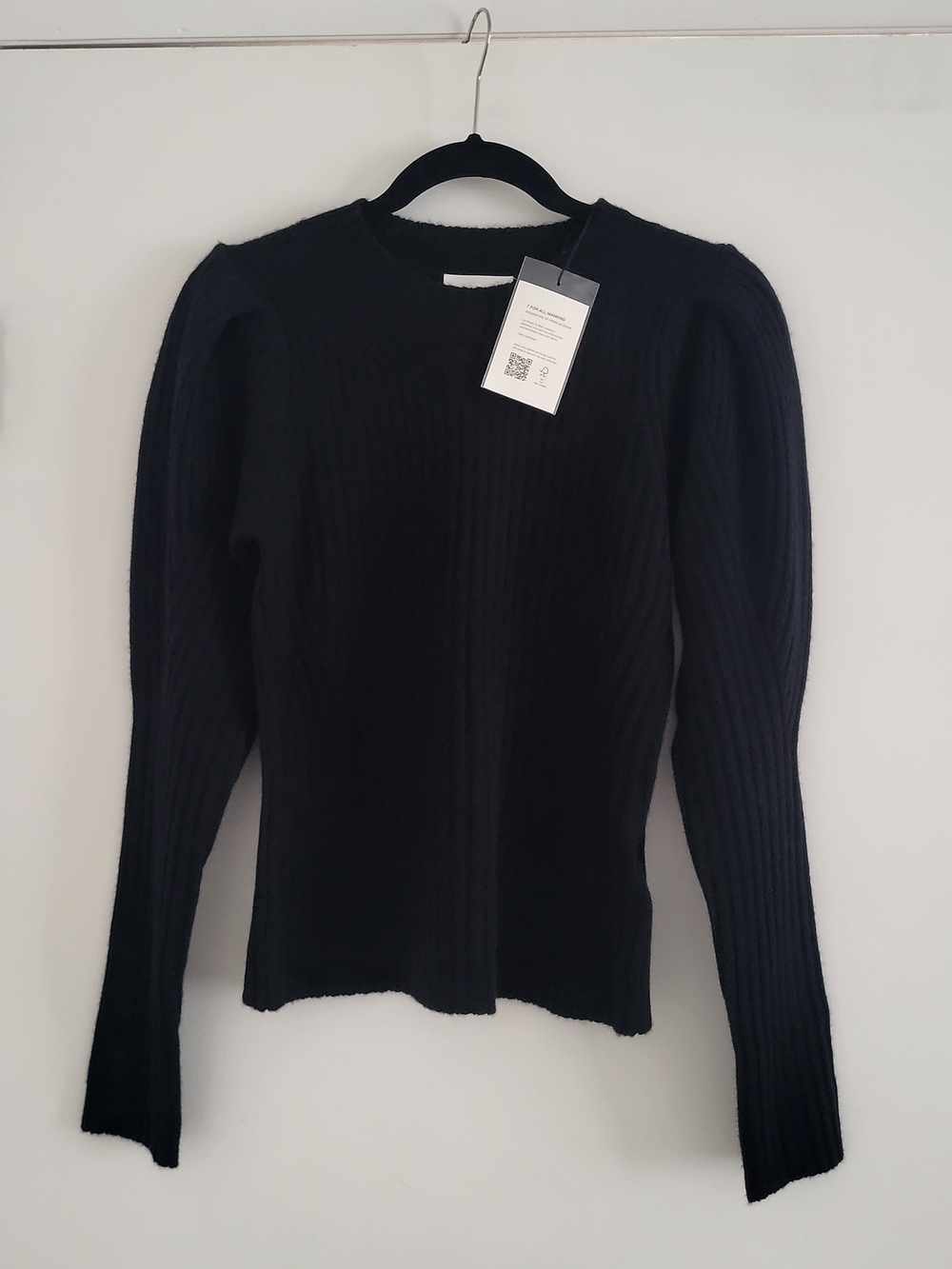 7 For All Mankind Black Ribbed Long-Sleeve Crewneck Top 100% Cashmere Nwt